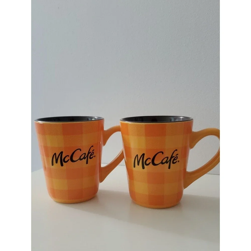 McCafe Orange Plaid Coffee Mugs 12 oz. Set Of 2